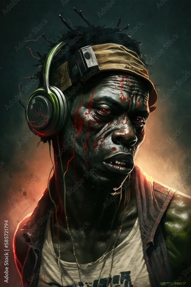 Music in headphones. Zombie, hip hop style. Beautiful illustration picture. Generative AI Music in headphones. Zombie, hip hop style. Beautiful illustration picture. Generative AI