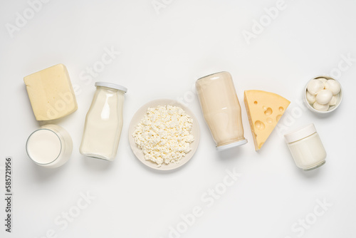 Variation of organic dairy products. Farm cheese, milk, yogurt, cottage cheese on white background with copy space photo