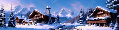 Wallpaper Mural Illustration of a cozy cabin surrounded by snow-covered trees created with Generative AI technology Torontodigital.ca