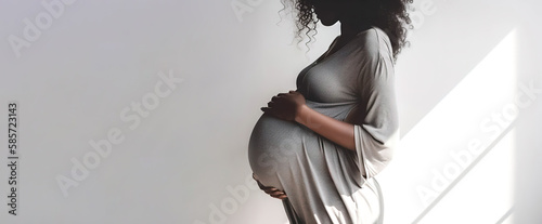 banner pregnant black woman in grey dress holds hands on big belly , Pregnancy, maternity, preparation and expectation, copyspace for text, generative ai.