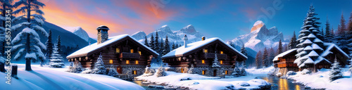 Wallpaper Mural Illustration of a cozy cabin surrounded by snow-covered trees created with Generative AI technology Torontodigital.ca