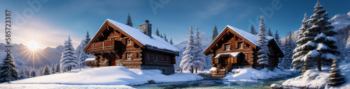 Wallpaper Mural Illustration of a cozy cabin surrounded by snow-covered trees created with Generative AI technology Torontodigital.ca