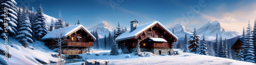 Wallpaper Mural Illustration of a cozy cabin surrounded by snow-covered trees created with Generative AI technology Torontodigital.ca