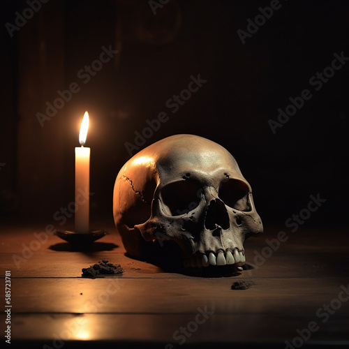 A human skull on a wooden table, in a dark room, lit with a candle that's burning down on top. Generative Ai