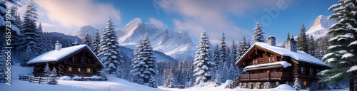 Wallpaper Mural Illustration of a cozy cabin surrounded by snow-covered trees created with Generative AI technology Torontodigital.ca