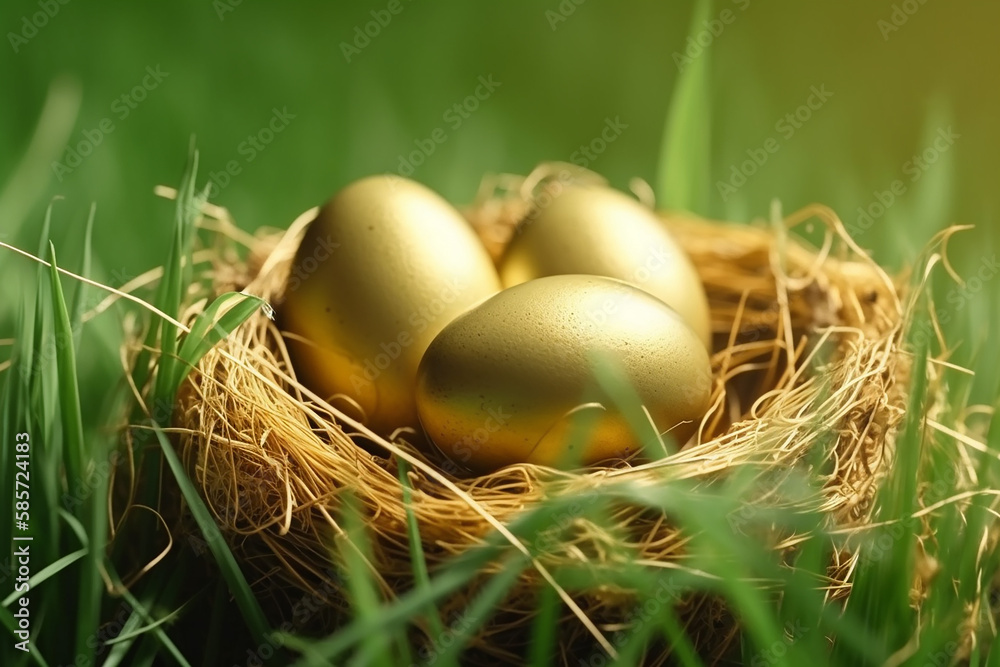 Small bird nest full of gold eggs on green grass with sunlight abstract background. Generative Ai Small bird nest full of gold eggs on green grass with sunlight abstract background. Generative Ai