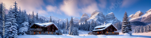 Wallpaper Mural Illustration of a cozy cabin surrounded by snow-covered trees created with Generative AI technology Torontodigital.ca