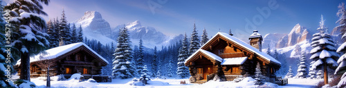 Wallpaper Mural Illustration of a cozy cabin surrounded by snow-covered trees created with Generative AI technology Torontodigital.ca