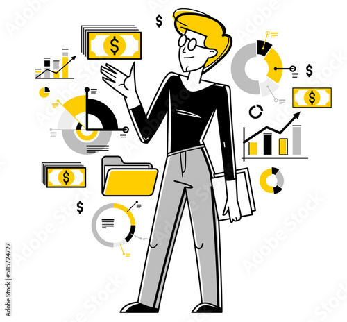 Financier working with charts and bars vector outline illustration, accountant working with financial data, analyst adviser working with investment.