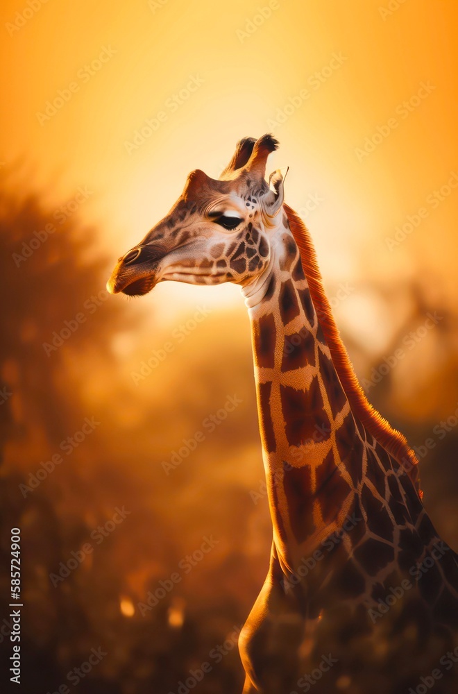 Giraffe in the light of the sun in savannah. Generative AI.