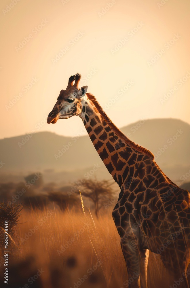 Portrait of a giraffe in savannah. Generative AI.