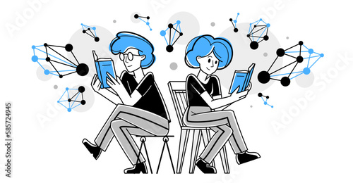Scientists working on some science inquiry research or invention, discovering molecules and learning education, vector outline illustration, laboratory.