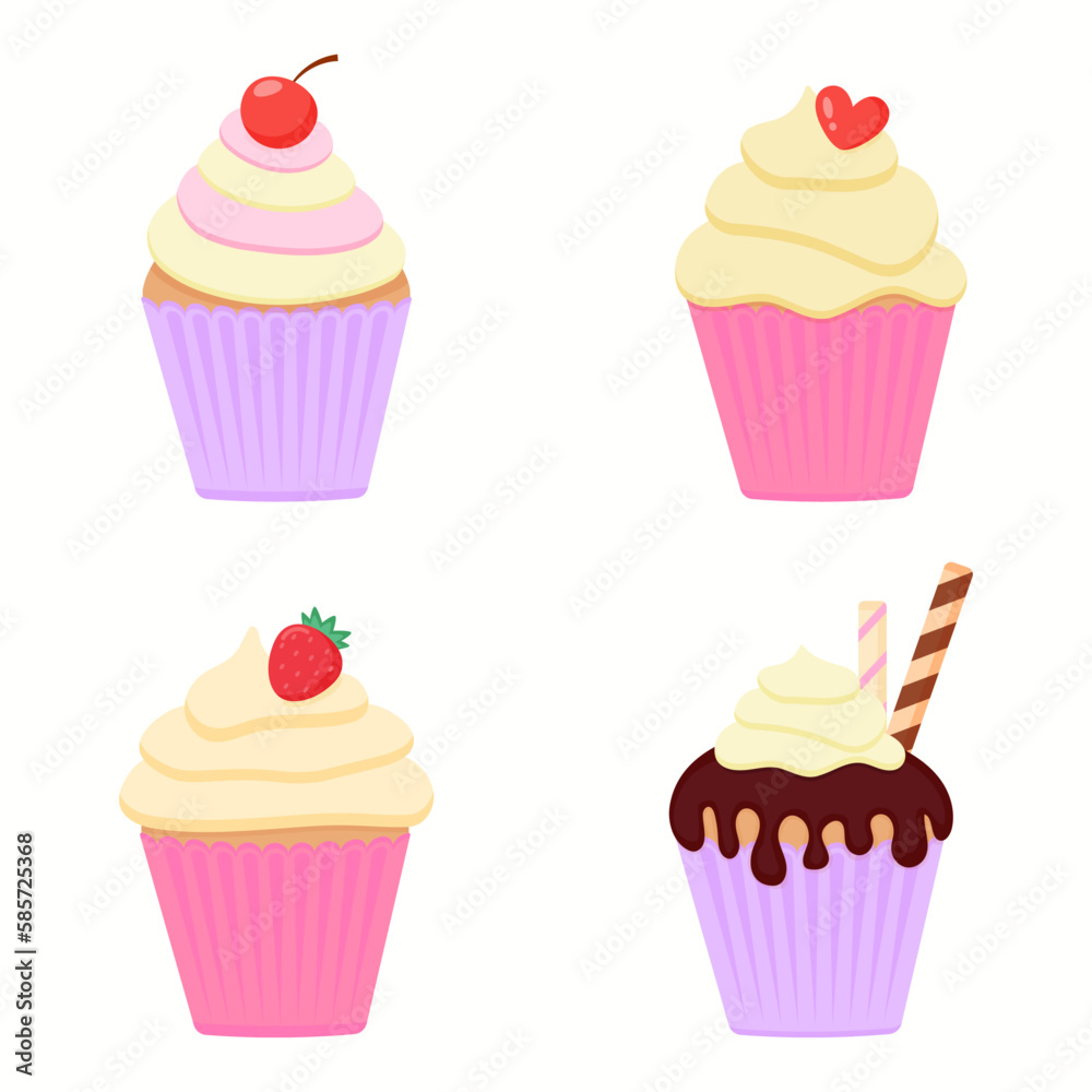 Delicious cupcakes with vanilla cream strawberrie cherries heart and waffle sticks. Dessert vector illustration design
