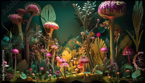 A Whimsical Forest Oasis: 3D Design with Colorful Trees and Flowers