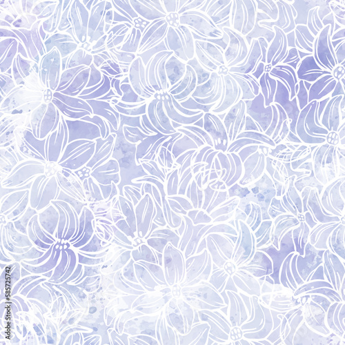 Hyacinths. Art floral background. Seamless pattern with hand drawn flowers on lilac watercolor background. Vector. Perfect for wallpaper, wrapping, fabric and textile.
