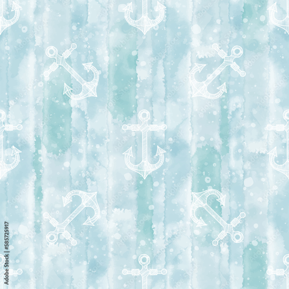 Seamless pattern with hand-drawn anchors on blue watercolor background ...
