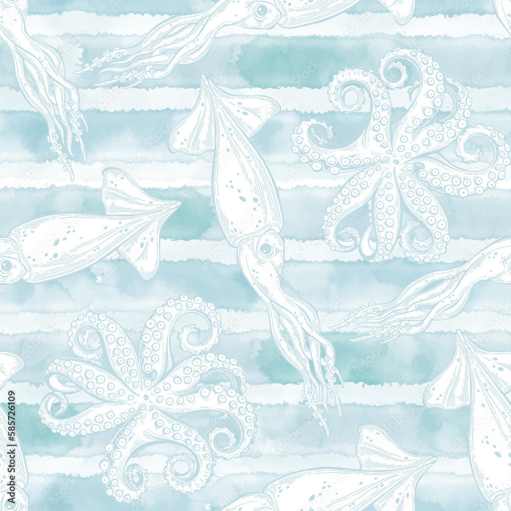 Sea creatures. Seamless pattern with squids and octopuses on blue ...