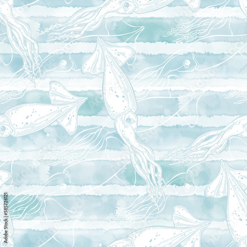Seamless pattern with squids on blue watercolor background.  Hand drawn vector illustration. Perfect for wallpaper, wrapping, fabric and textile. Monochrome.