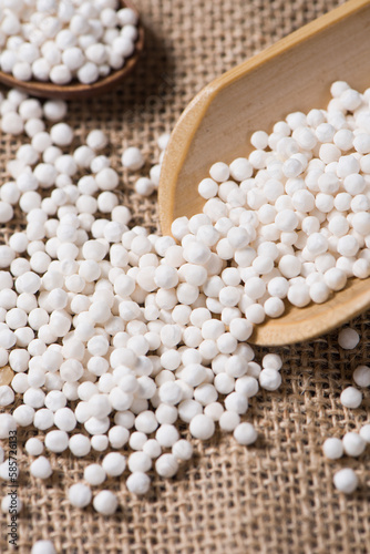 white sago pearls or sago balls on table.