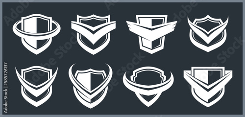 Set of different designs of shields for branding, ammo protection symbols collection, antivirus or sport theme, insurance or guarantee.