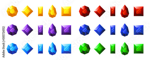 Set of 3D colorful diamonds. Isolated vector and PNG illustration on transparent background.