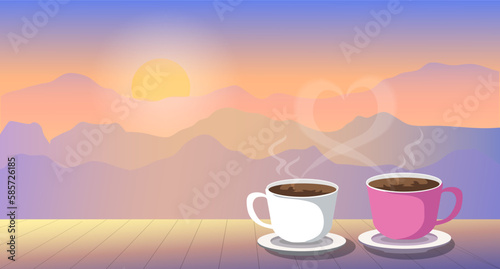 couple mug of hot coffee on wooden table in the morning with mountain and nature background.
