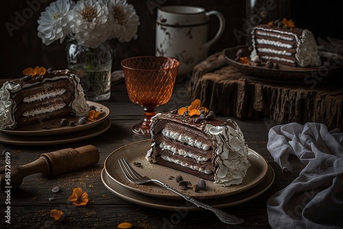 chocolate napoleon cake in white plates on wooden table, created with generative ai