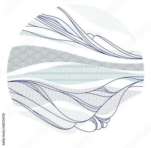 Nature art oriental Japanese style vector abstract background in a shape of circle, runny like water shapes and lines with textures.