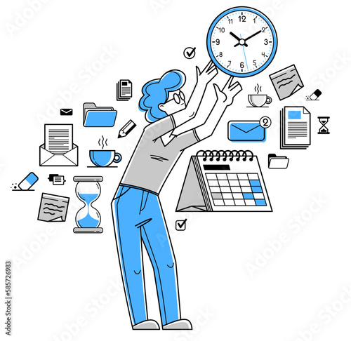 Business worker planning tasks and create time management vector outline illustration, productivity multitask prioritization, deadline and zero hour.