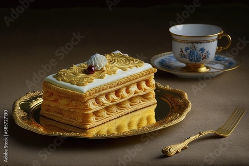 piece of delicious golden cake with cream napoleon on plate, created with generative ai