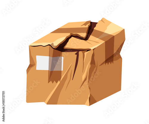 Damaged torn box. Rumpled spoiled delivery parcel, cardboard package. Crumpled carton pack, order. Cargo, violation of integrity. Flat cartoon vector illustration isolated on white background