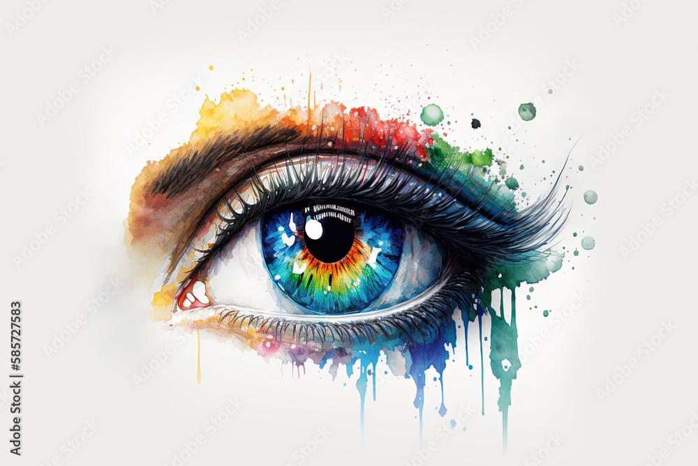 illustration of the watercolor realistic eye with colorful splashes. The concept for beauty salon, cosmetics label, cosmetology procedures, print, t-shirt design and makeup Generative Ai 