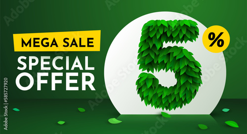 5 percent Off. Discount creative composition. Sale brochure with font made from leaves. Sale banner and poster. Vector illustration.