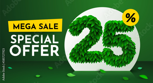 25 percent Off. Discount creative composition. Sale brochure with font made from leaves. Sale banner and poster. Vector illustration.