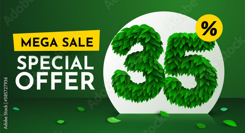 35 percent Off. Discount creative composition. Sale brochure with font made from leaves. Sale banner and poster. Vector illustration.