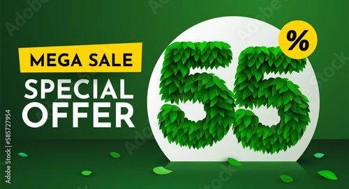 55 percent Off. Discount creative composition. Sale brochure with font made from leaves. Sale banner and poster. Vector illustration.