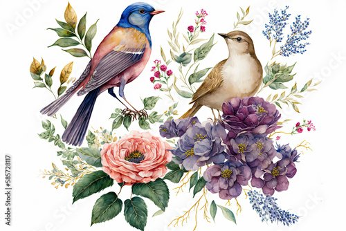 Watercolor painting of Colibri birds, pink flowers, and leaves on white background. Digital printable artwork. Generative ai. © HayyanGFX