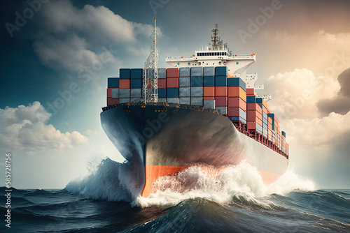 A logistics freighter deliver essential goods worldwide by sea. Shipping, cargo and freight transportation concept. Generative AI