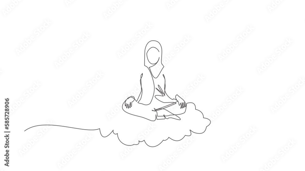 Animated self drawing of continuous line draw Arabian businesswoman relaxes, meditates in lotus position on clouds. Cute woman relaxing with yoga or meditation pose. Full length single line animation Animated self drawing of continuous line draw Arabian businesswoman relaxes, meditates in lotus position on clouds. Cute woman relaxing with yoga or meditation pose. Full length single line animation