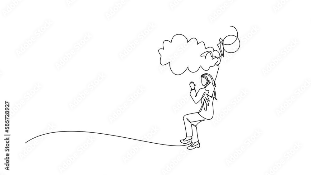 Self drawing animation of single line draw Arabian businesswoman floating with balloon. Woman holding balloon flying through cloud. Worker reaches target. Continuous line draw. Full length animated Self drawing animation of single line draw Arabian businesswoman floating with balloon. Woman holding balloon flying through cloud. Worker reaches target. Continuous line draw. Full length animated