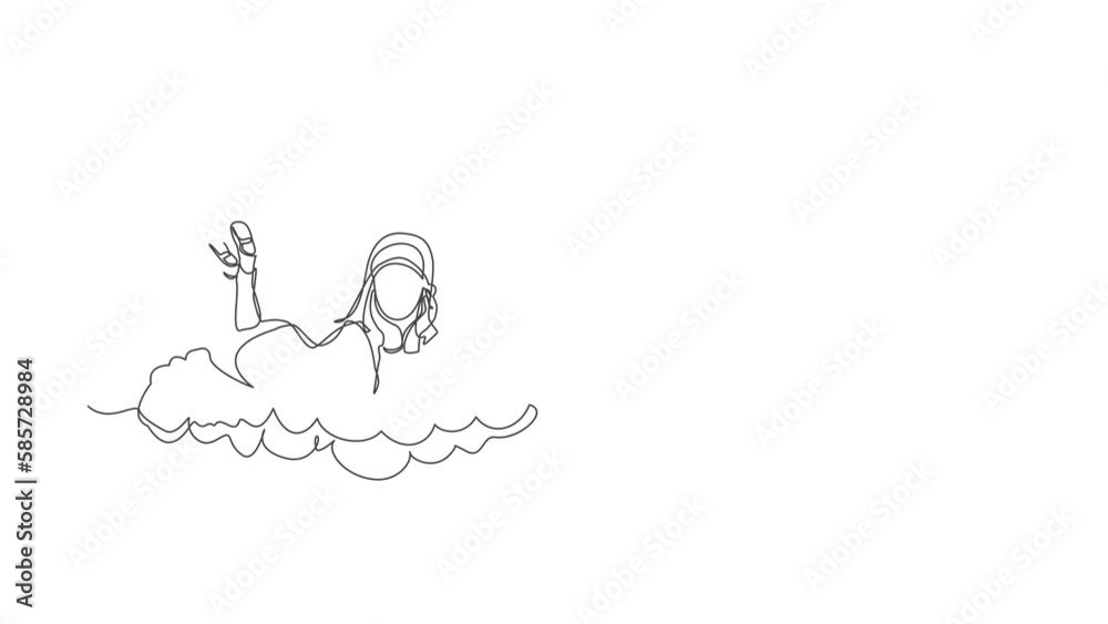 Animated self drawing of continuous line draw dreamer. Arabian businesswoman lay on clouds, dreaming or thinking something about new business. Woman lying on cloud. Full length single line animation