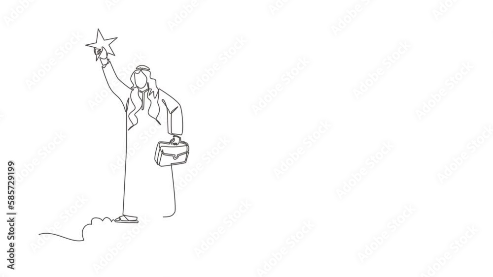 Self drawing animation of single line draw Arabian businessman reaching star on sky. Arab man holding briefcase standing on cloud, career path, dream job. Continuous line draw. Full length animated Self drawing animation of single line draw Arabian businessman reaching star on sky. Arab man holding briefcase standing on cloud, career path, dream job. Continuous line draw. Full length animated