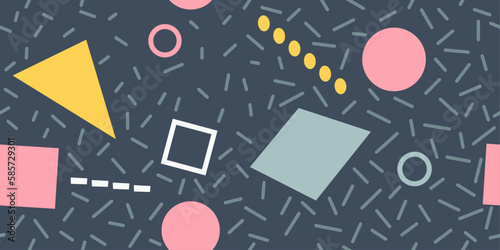 Geometric colored figures, and tinsel on the background. For print and interior design, wallpaper, textiles.