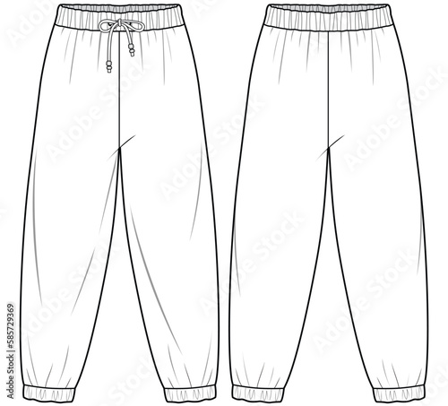unisex drawstring elastic waist gathered cuff pants flat sketch vector illustration technical cad drawing template