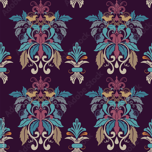 A seamless pattern with floral elements on a dark background.