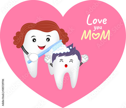 Mom and kid tooth character. Happy mother's day. Dental care concept. Illustration.