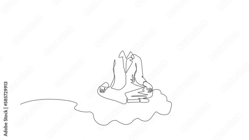 Animated self drawing of continuous line draw office worker relaxes, meditates in lotus position on clouds. Cheerful woman relaxing with yoga or meditation pose. Full length single line animation