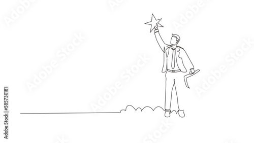 Animated self drawing of continuous line draw success businessman, grab precious star. Business champion succeed to get reward, winning star, career path, dream job. Full length single line animation photo