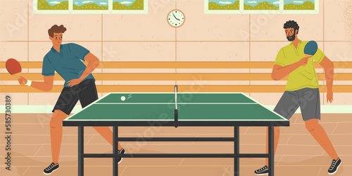 Table tennis sport vector illustration. Two man playing ping pong game. Sport concept. Indoor court for table tennis match