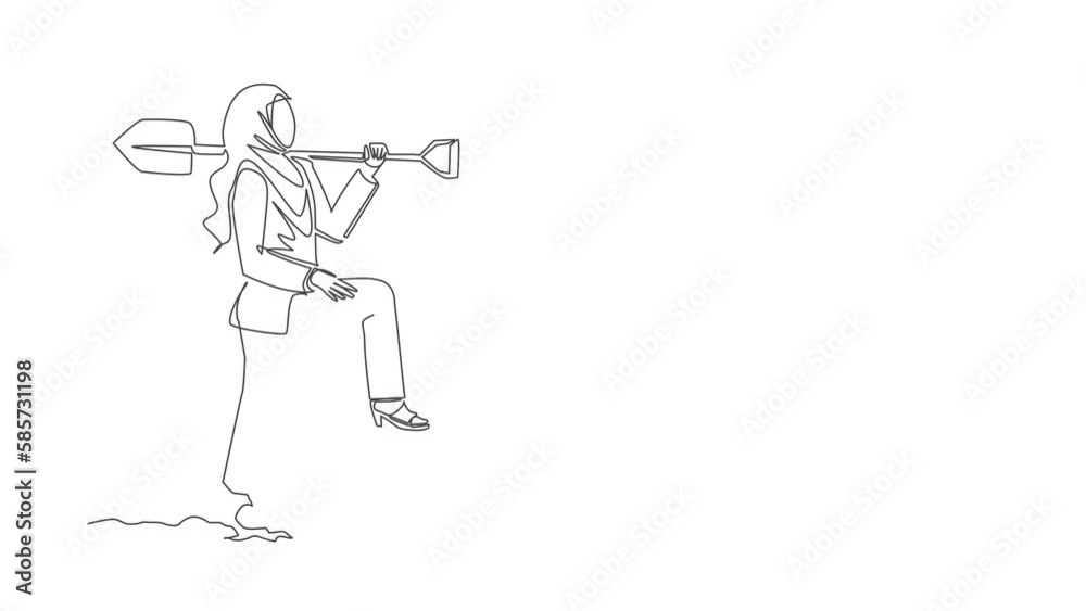 Animated self drawing of continuous line draw Arab businesswoman digging ground with shovel finding treasure chest. Success business, achievement, discovery concept. Full length single line animation Animated self drawing of continuous line draw Arab businesswoman digging ground with shovel finding treasure chest. Success business, achievement, discovery concept. Full length single line animation